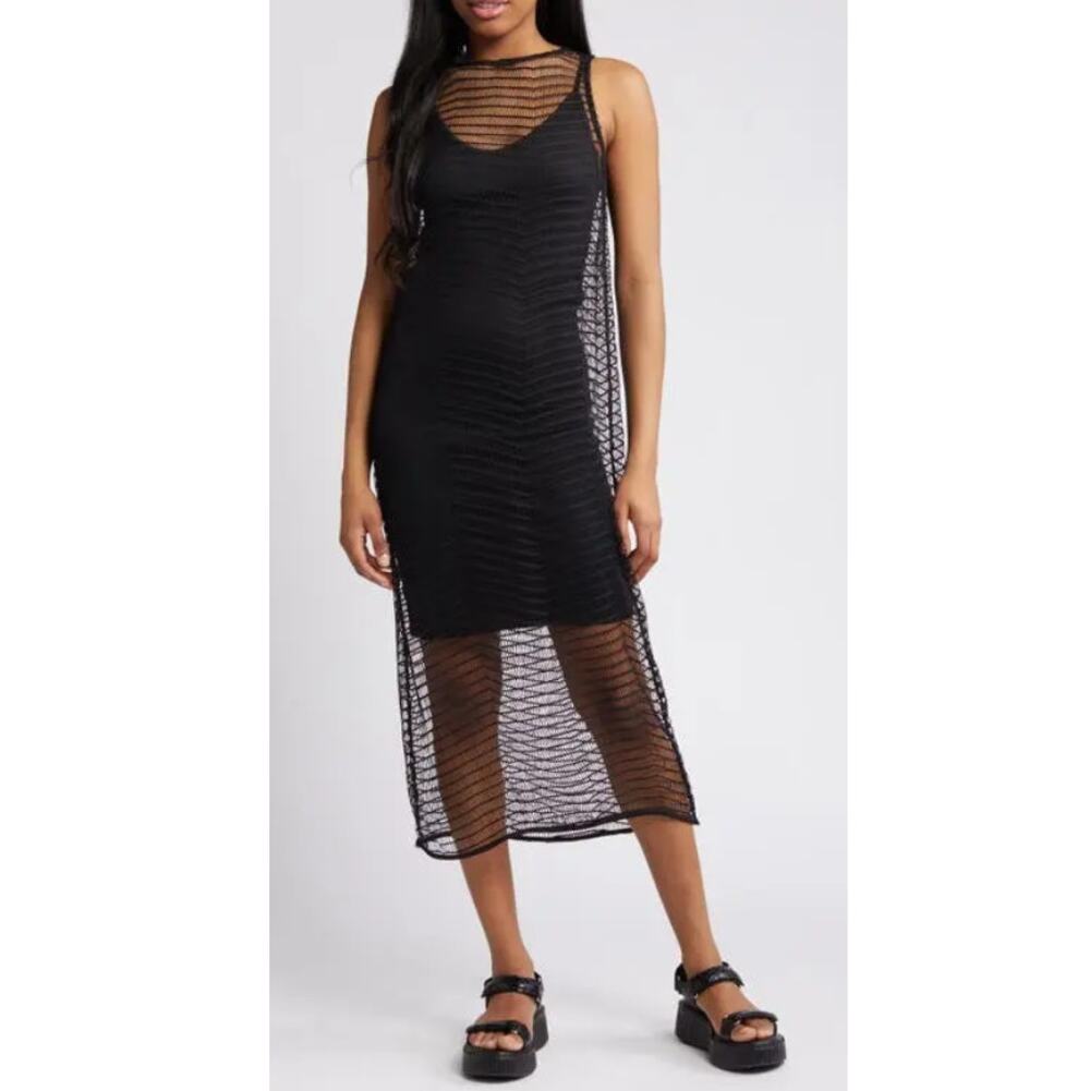 NOISY MAY Women's Black NMNAT Sleeveless Mesh Summer Midi Dress Size L